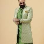 Handmade Lime Green Geometrical Embroidered Open Sherwani with Green Kurta Pajama for Men - Father Son Combo | Jaipurio